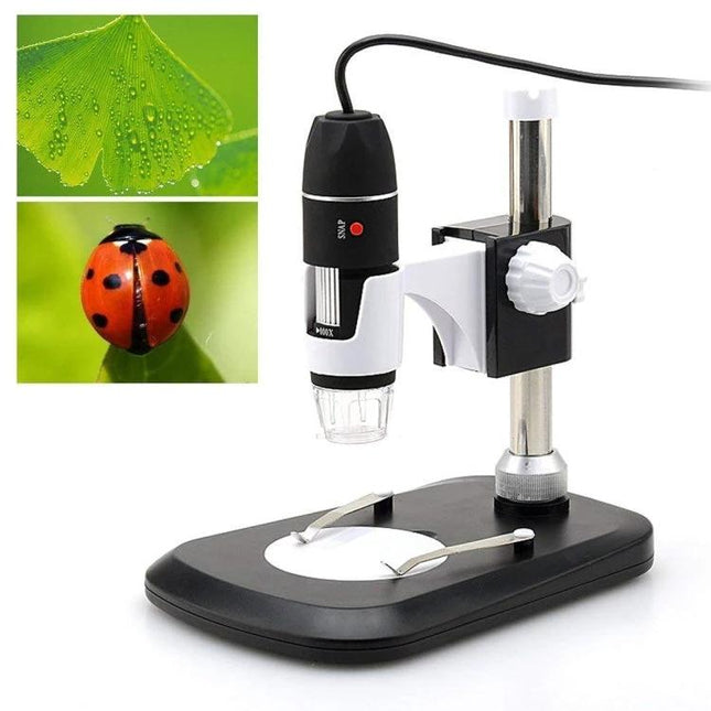 Digital Microscope for Kids with Adjustable Stand and LEDs showing 2MP USB microscope on stand with leaf and ladybug close-ups