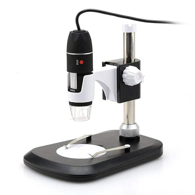 Digital Microscope for Kids with Adjustable Stand and LEDs showing 2MP handheld microscope on adjustable metal stand for school science