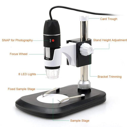 Digital Microscope for Kids with Adjustable Stand and LEDs showcasing 2MP camera, adjustable stand, 8 LED lights and focus wheel for school projects