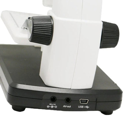 Portable Digital Microscope for Detailed Everyday Observations with LCD Screen showing focus knobs, USB and AV-out ports on base