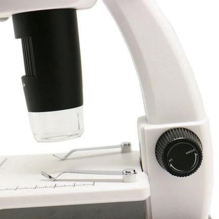Portable Digital Microscope for Detailed Everyday Observations with LCD Screen showing close-up of stage, focus knob and lens