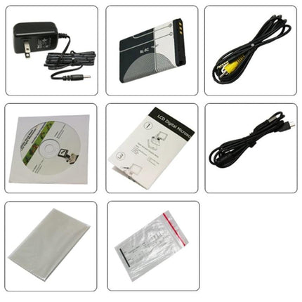 Portable Digital Microscope for Detailed Everyday Observations with LCD Screen — accessories kit showing power adapter, cables, battery, CD, manual, and cleaning cloth