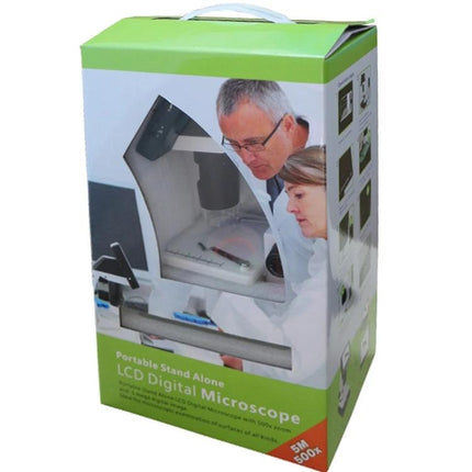 Portable Digital Microscope for Detailed Everyday Observations with LCD Screen - product box showing microscope with 3.5-inch LCD, USB/TV connectivity, students examining sample