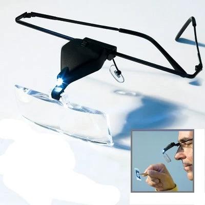 Magnifier Glasses with LED Light for Reading and Crafts showing hands-free worn magnifier with bright LED for close-up reading and crafts