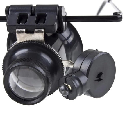 20X Magnifying Glasses with LED Light for Watch Repair showing black double-layer lens and LED loupe for precise watch gear inspection