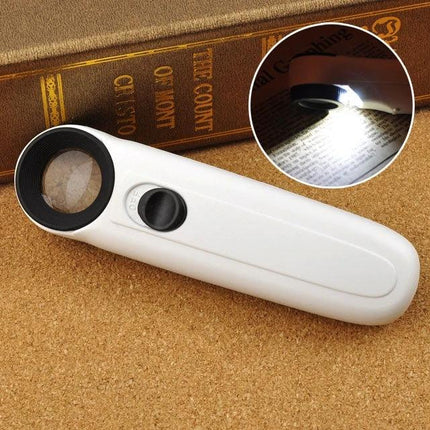 Handheld 40X Magnifier with LED Light for Everyday Reading - white plastic loupe with LED shown magnifying book text
