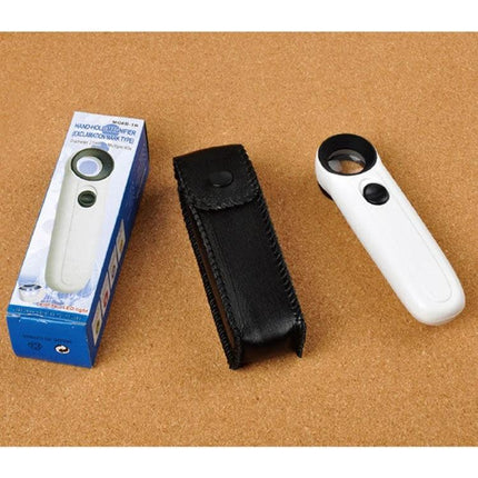 Handheld 40X Magnifier with LED Light for Everyday Reading showing white magnifier, LED button, black carrying case and box