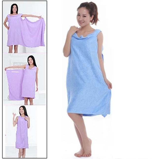 Magic Towel Dress For Adults 150x80cm Ideal For Holidays And Beach - soft fleece wearable towel cover-up shown in blue on model