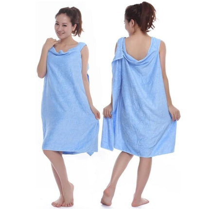 Magic Towel Dress For Adults 150x80cm Ideal For Holidays And Beach model wearing light blue fleece towel dress front and back views