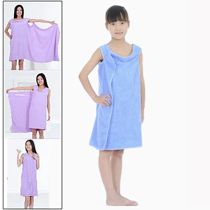 Magic Towel Dress For Children, 130 x 60 Cm For Bath And Travel - Blue fleece wearable towel with satin edge on smiling child