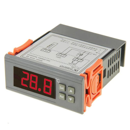 Digital LCD Temperature Controller for Home Heating and Cooling Regulation - compact LCD panel thermostat showing 28.8°C, set and reset buttons