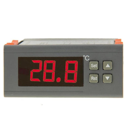 Digital LCD Temperature Controller for Home Heating and Cooling Regulation - front view showing 28.8°C red LED display and control buttons