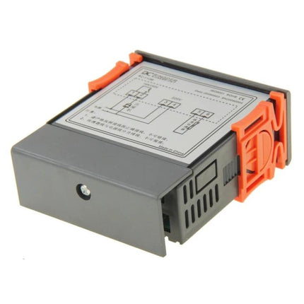 Digital LCD Temperature Controller for Home Heating and Cooling Regulation - compact panel mount unit with LCD and orange clips
