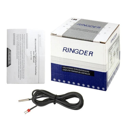 Digital LCD Temperature Controller for Home Heating and Cooling Regulation - Ringder boxed unit with probe and manual