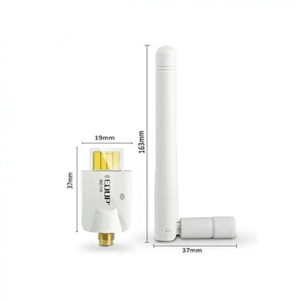 Mini Wireless USB Adapter for Portable Wi-Fi Connectivity — compact white USB Wi-Fi adapter with detachable external antenna, dimensions shown
