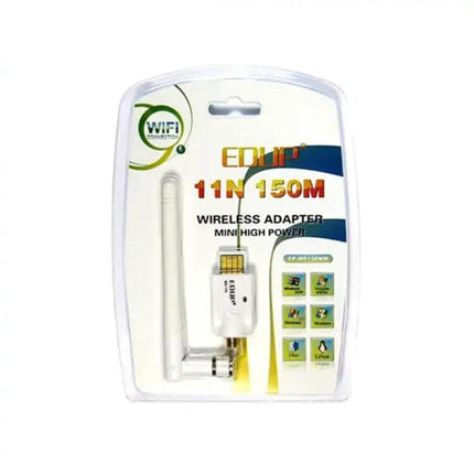 Mini Wireless USB Adapter for Portable Wi-Fi Connectivity in retail packaging showing white adapter with external antenna and USB connector