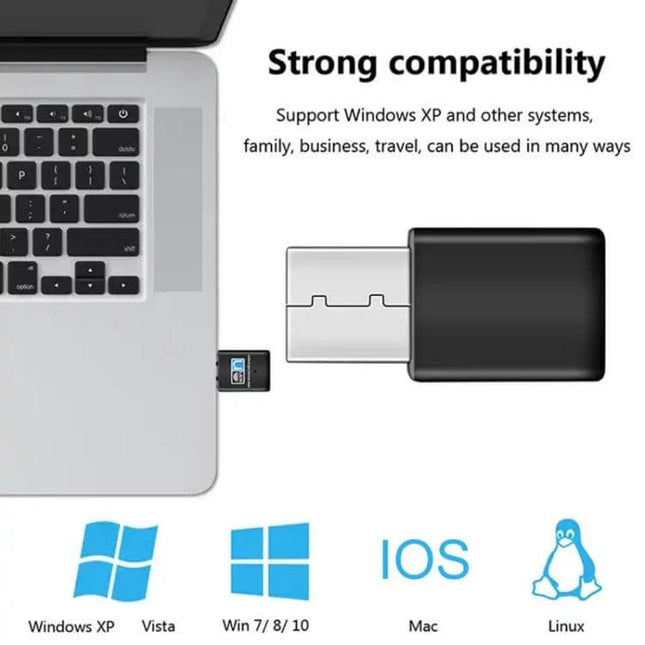 Wireless USB Adapter for Portable Internet Connectivity plugged into laptop USB port showing compatibility with Windows, Mac, iOS and Linux