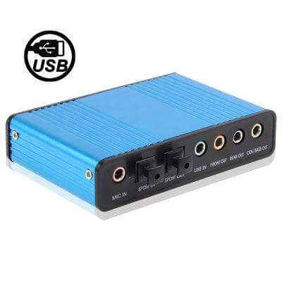 5.1 Channel Audio Controller for Optical and USB Sound Playback compact blue USB and optical external sound device with multiple 3.5mm jacks