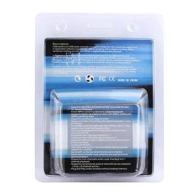 5.1 Channel Audio Controller for Optical and USB Sound Playback in retail blister pack showing product back and specifications