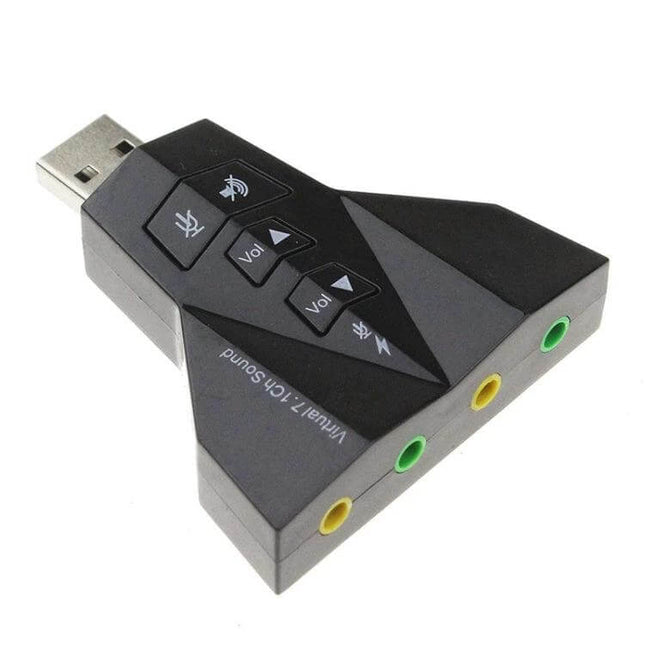 USB Sound Adapter for Desktop and Laptop Audio Playback with volume and mute controls, USB plug and three 3.5mm audio jacks