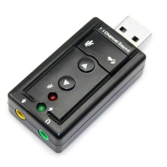 USB External 7.1 Channel Sound Adapter for Computer Audio Enhancement – black USB 7.1 external sound card with volume buttons and 3.5mm jacks