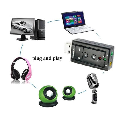 USB External 7.1 Channel Sound Adapter for Computer Audio Enhancement plugged into laptop showing headphones speakers microphone and PC