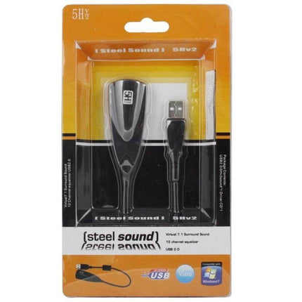 Steel Series External Sound Card with USB Connection for Computers in retail packaging showing USB cable and device