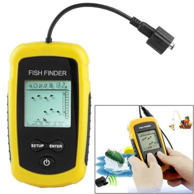 Fish Finder Handheld For Freshwater Fishing On The Go - compact yellow handheld unit showing depth and fish icons, portable for lakes and rivers
