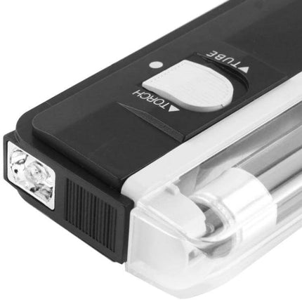 Compact handheld Security Feature Verifier for Banknotes And Passports showing UV tube, torch switch and clear inspection roller for quick banknote and passport checks
