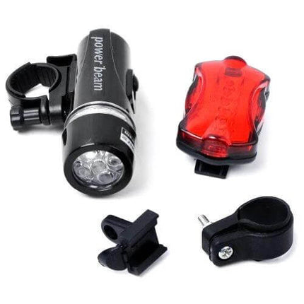 5 LED Water Resistant Bike Front Headlight and Rear Flashlight - black front headlamp and red rear light with handlebar and frame mounts