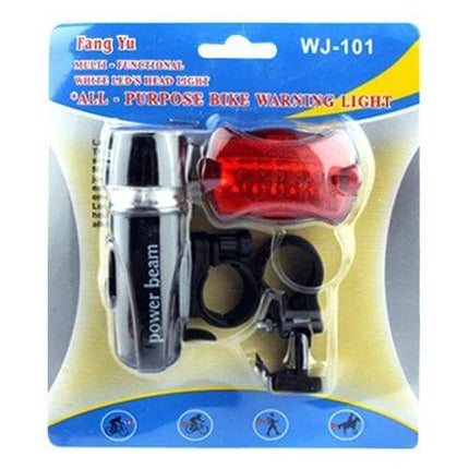 5 LED Water Resistant Bike Front Headlight and Rear Flashlight - compact front headlight and red rear flashlight set with handlebar and seatpost mounts, waterproof gasket