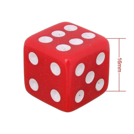Universal 8mm Tire Valve Caps For Cars, Pack Of 4 Everyday Use red dice-style valve cap showing 16mm size and fingertip grip, pack of 4 replacements