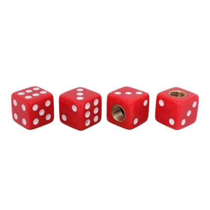 Universal 8mm Tire Valve Caps For Cars, Pack Of 4 Everyday Use red dice-style valve caps showing threaded interior and fingertip grip protection