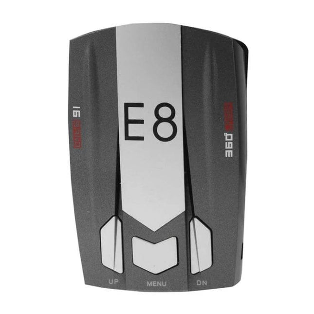 E8 GPS Radar Detector for Speed Camera and Limit Alerts compact black GPS radar unit with E8 label and menu buttons