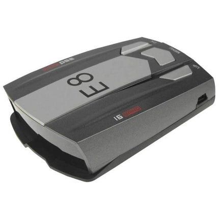 E8 GPS Radar Detector for Speed Camera and Limit Alerts - compact black-gray GPS radar unit with display and control buttons