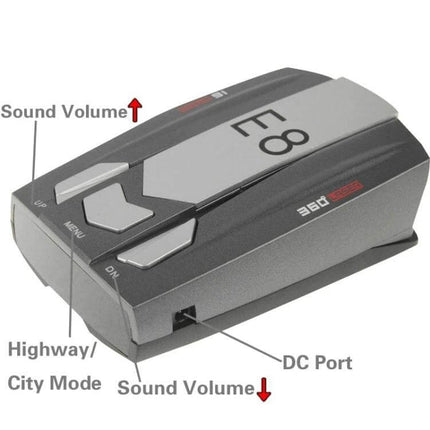 E8 GPS Radar Detector for Speed Camera and Limit Alerts - compact black GPS radar unit with labeled buttons and DC port