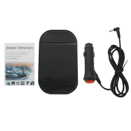 E8 GPS Radar Detector for Speed Camera and Limit Alerts compact detector, car charger and manual shown