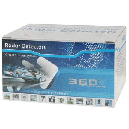 E8 GPS Radar Detector for Speed Camera and Limit Alerts boxed product packaging showing radar detector illustration