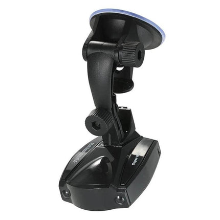 Full-Band Radar Detector with GPS Navigation Support mounted on ultra-slim suction cup windshield bracket for discreet in-car installation
