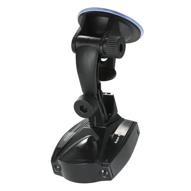 Full-Band Radar Detector with GPS Navigation Support mounted on ultra-slim suction cup windshield bracket for discreet in-car installation