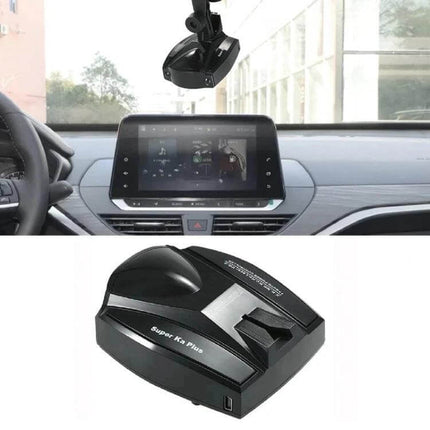 Full-Band Radar Detector with GPS Navigation Support mounted on car windshield showing slim black detector and dashboard display