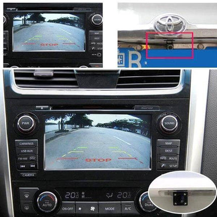 Waterproof Car Rear View Camera for Secure Backup Parking Use installed above license plate showing reverse camera display and parking guides