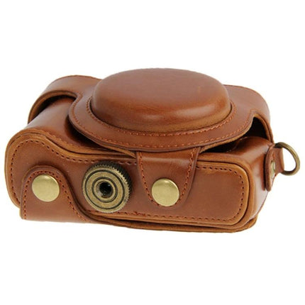 Leather Protective Case for Daily Camera Use and Travel - brown leather compact camera case with quick-access cover and strap ring