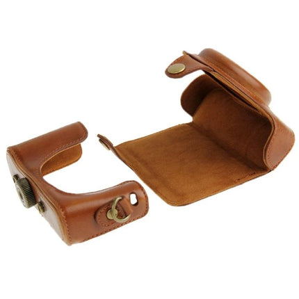 Leather Protective Case for Daily Camera Use and Travel - brown leather half-case with snap closure and quick-access design