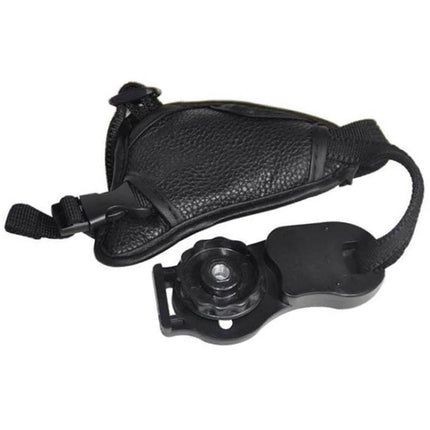 Leather Camera Grip with Adjustable Strap for Secure Camera Handling - black leather hand strap with quick-release mount