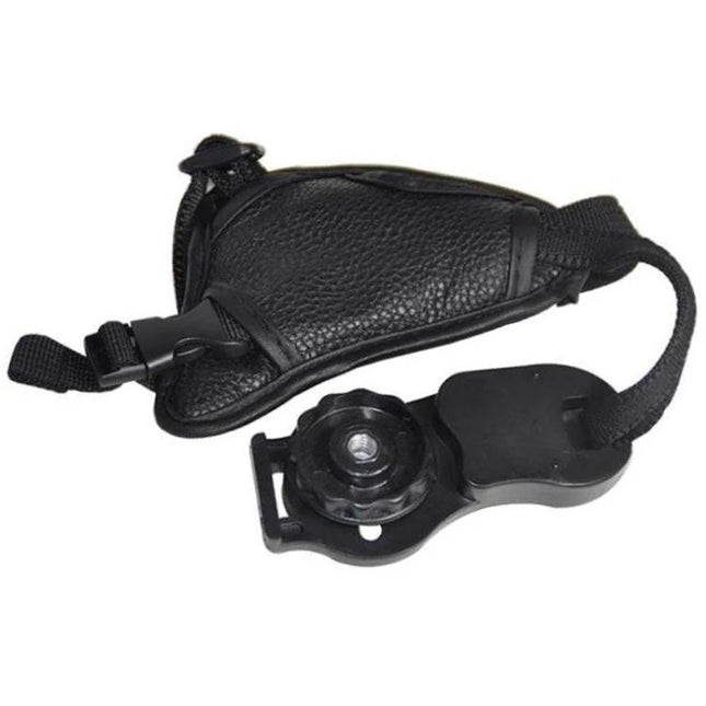 Leather Camera Grip with Adjustable Strap for Secure Camera Handling - black leather hand strap with quick-release mount