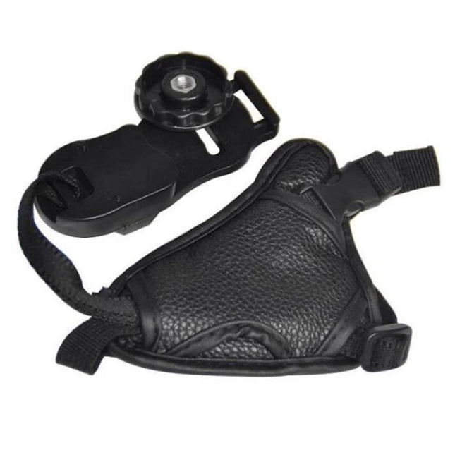 Leather Camera Grip with Adjustable Strap for Secure Camera Handling - black leather hand strap for steady outdoor and event photography