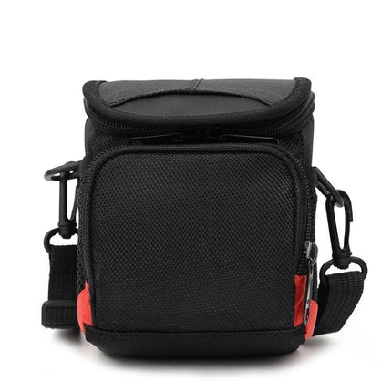 Universal Black Cloth Camera Bag with Strap for Mini Cameras front view showing zip pocket and adjustable strap, protective padding for travel
