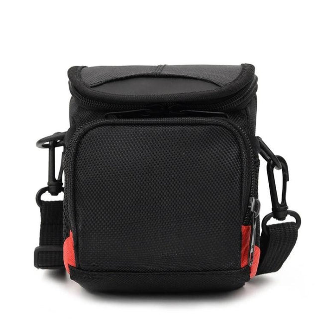 Universal Black Cloth Camera Bag with Strap for Mini Cameras front view showing zip pocket and adjustable strap, protective padding for travel