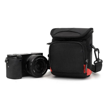 Universal Black Cloth Camera Bag with Strap for Mini Cameras protecting a compact mirrorless camera during travel and daily commutes